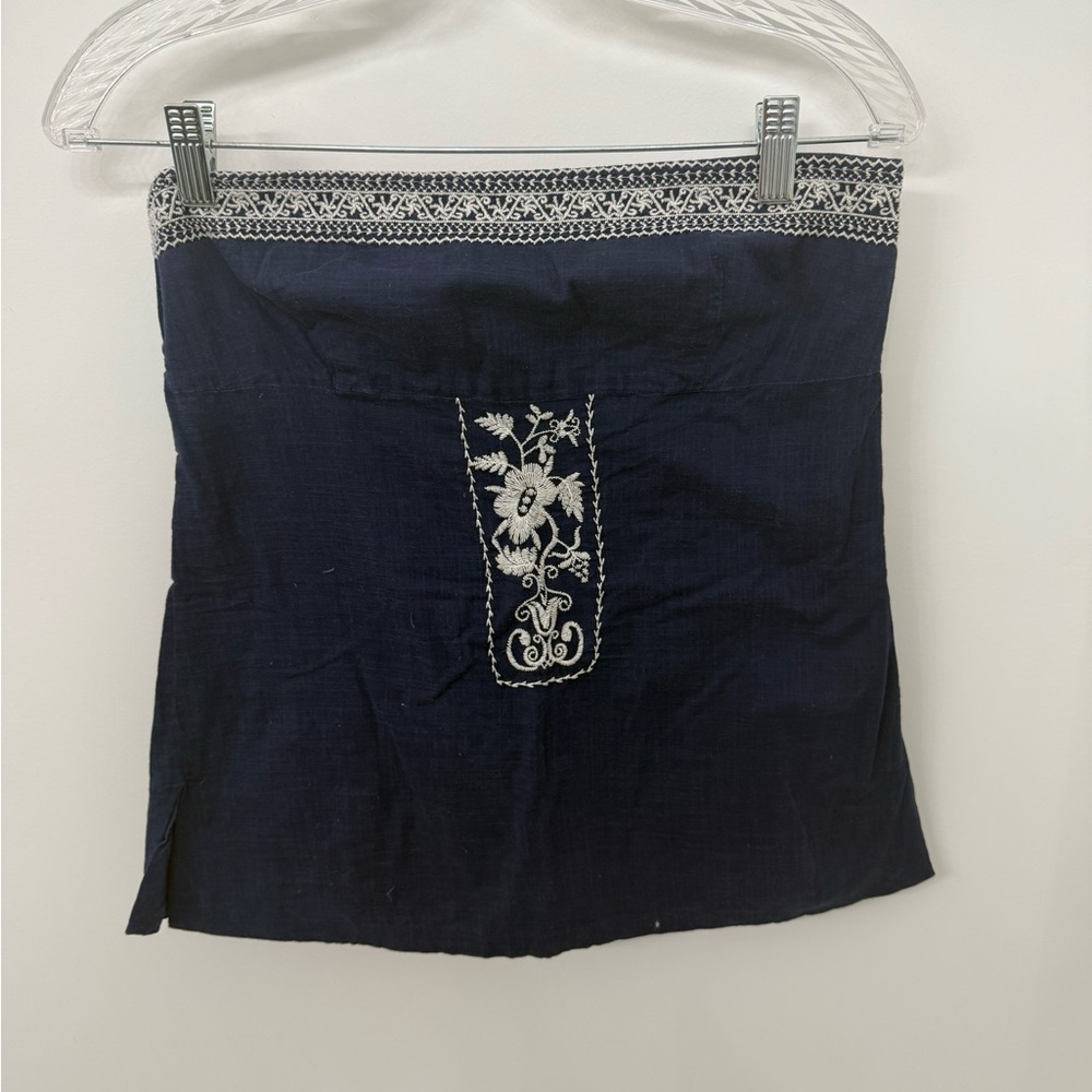 J. Crew Dark Blue Strapless Top with Cream Embroidery